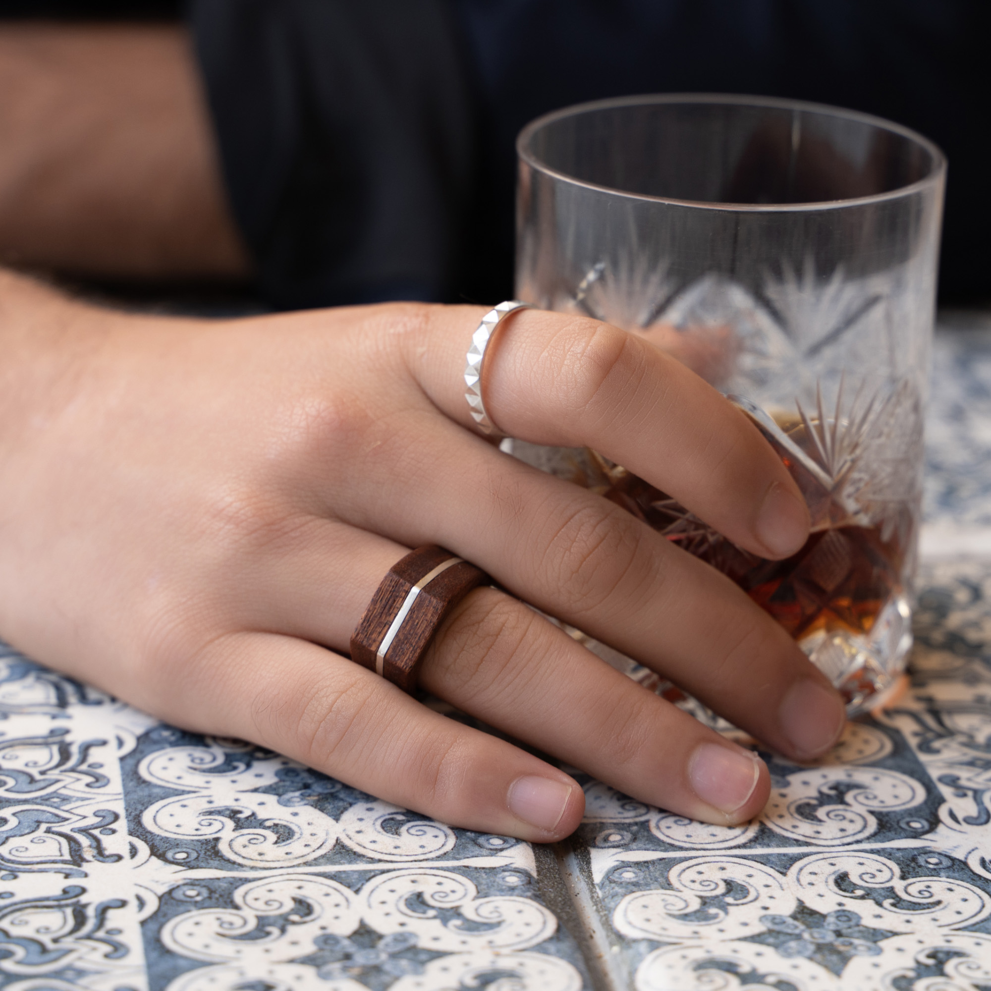 Geometric Wood Ring with Diamonds