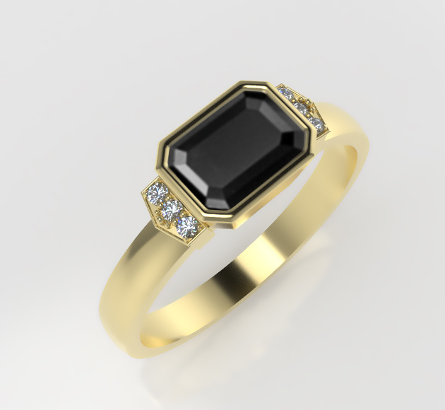 Yellow Gold Geometric Ring with Black Stone and Diamonds