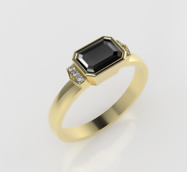Yellow Gold Geometric Ring with Black Stone and Diamonds