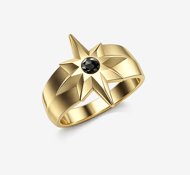 Star Ring in 14K Yellow Gold with Black Diamond 