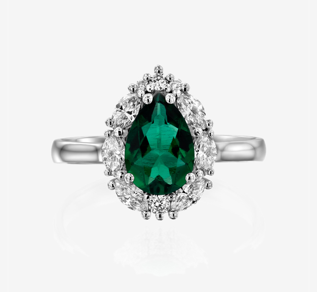 Green Tourmaline Diamond Ring, Pear Cut Tourmaline with Marquise & Round Diamond Halo