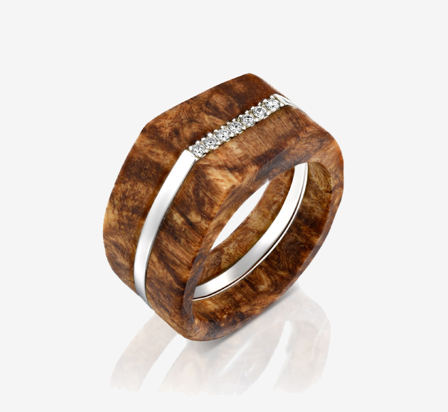 Geometric Wood Ring with Diamonds