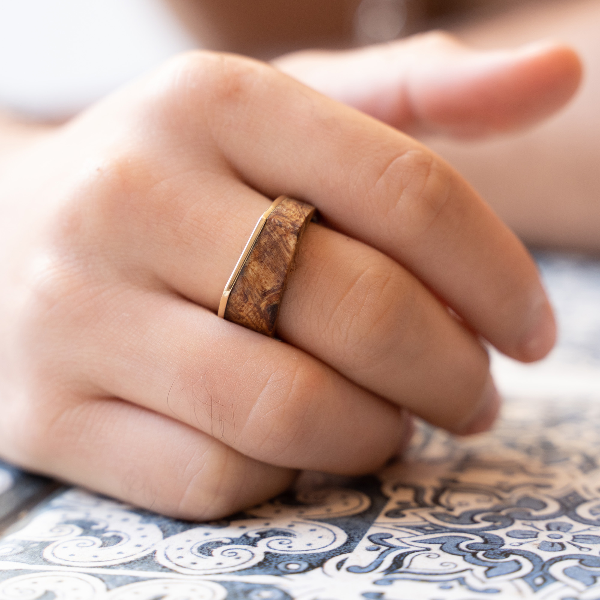 Contemporary Maple Burl Wood Ring with 14K Yellow Gold