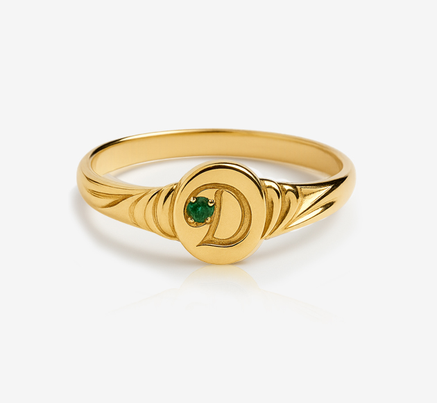 Dori Signet Ring Personalized Vintage Initial Ring with Emerald