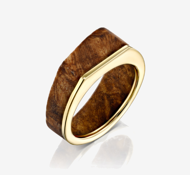 Contemporary Maple Burl Wood Ring with 14K Yellow Gold