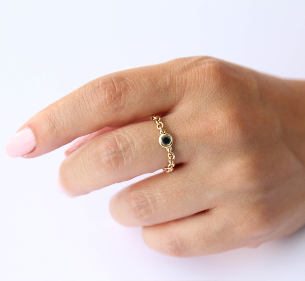 Yellow Gold  Black Diamond Bezel Chain Ring