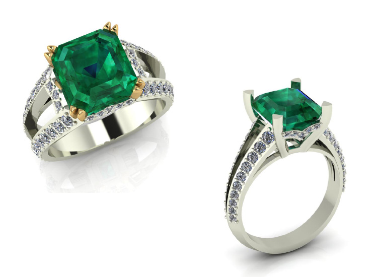 Custom Design: 18-Karat White Gold and Diamond Ring with Emerald Stone - Client Visualization